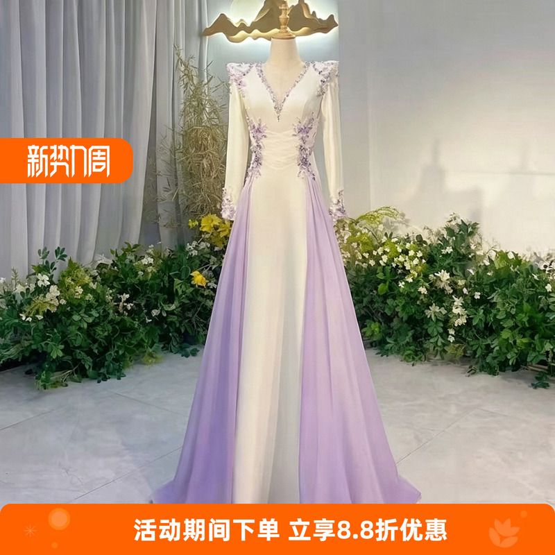 Guzheng Performance Evening Dress 2026 New Model Purple High-End Solo Performance Folk Song Performance Host Performance Costume Guzheng Performance Evening Dress 2026 New Model Purple High-End Solo Performance Folk Song Performance Host Performance Costume