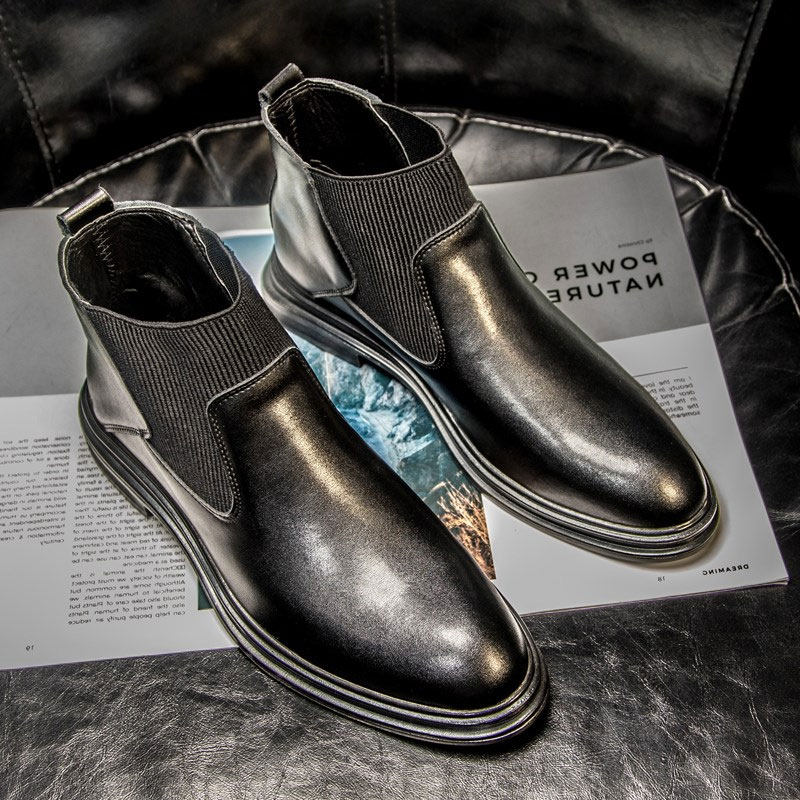 Chelsea boots men's leather British style autumn and winter plus velvet short boots trendy shoes Brogue leather shoes motorcycle high-top Martin boots