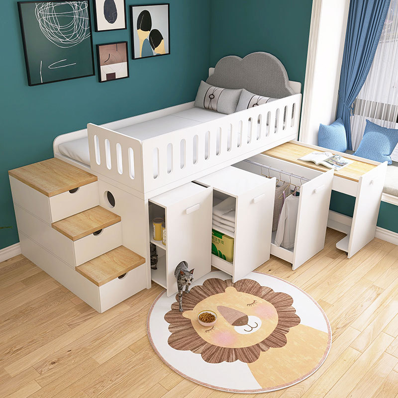 Small Apartment Cat Bed Space-Saving Children's Loft Bed with Pull-Out Wardrobe and Desk Integrated Storage Combination Half-Height Bed