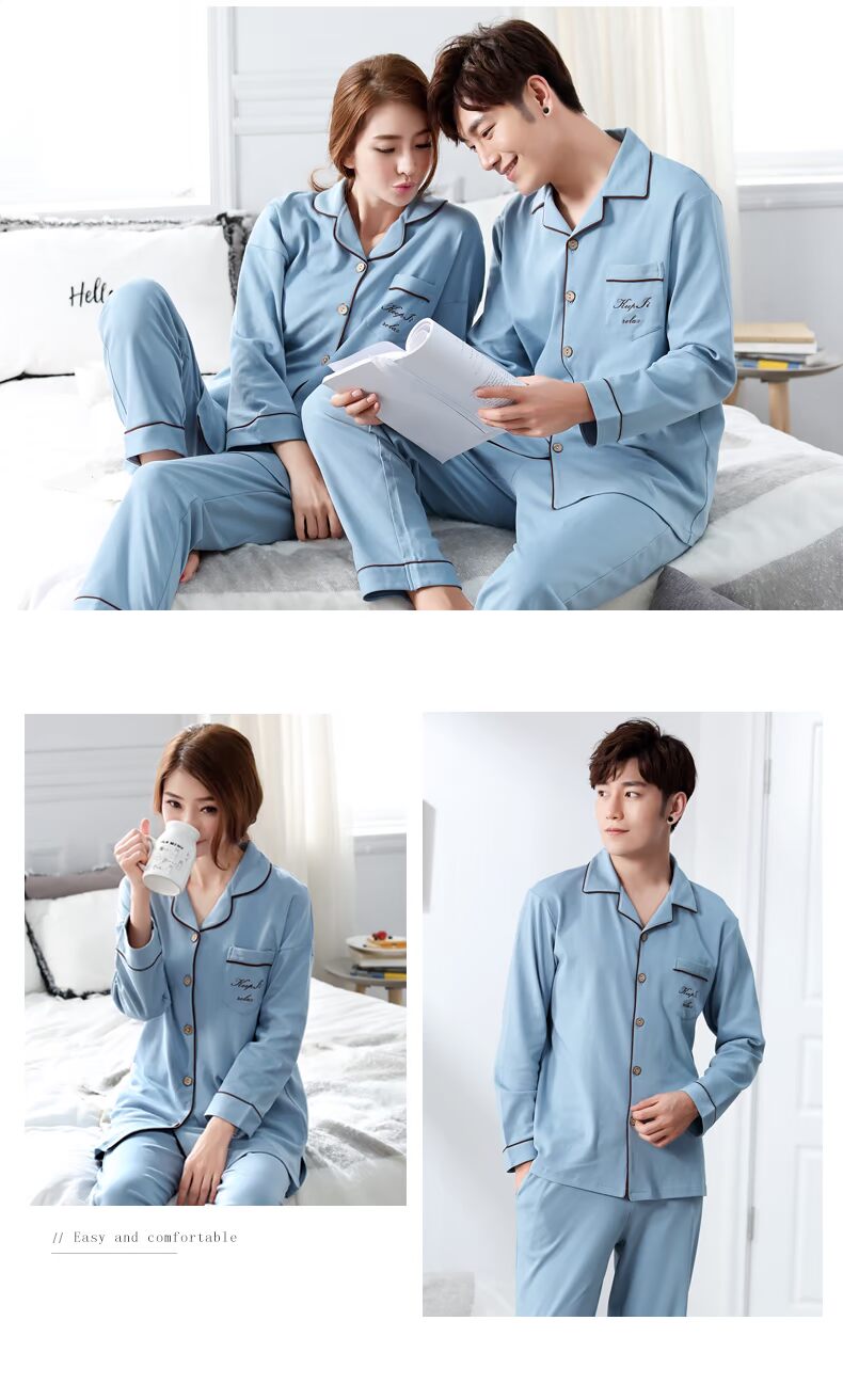 Hong Kong Kang Yi Bộ đồ ngủ cotton mùa thu và mùa đông đơn giản cho nam đơn giản Bộ đồ ngủ dài tay giản dị - Bên ngoài ăn mặc đồ bộ mặc nhà cao cấp