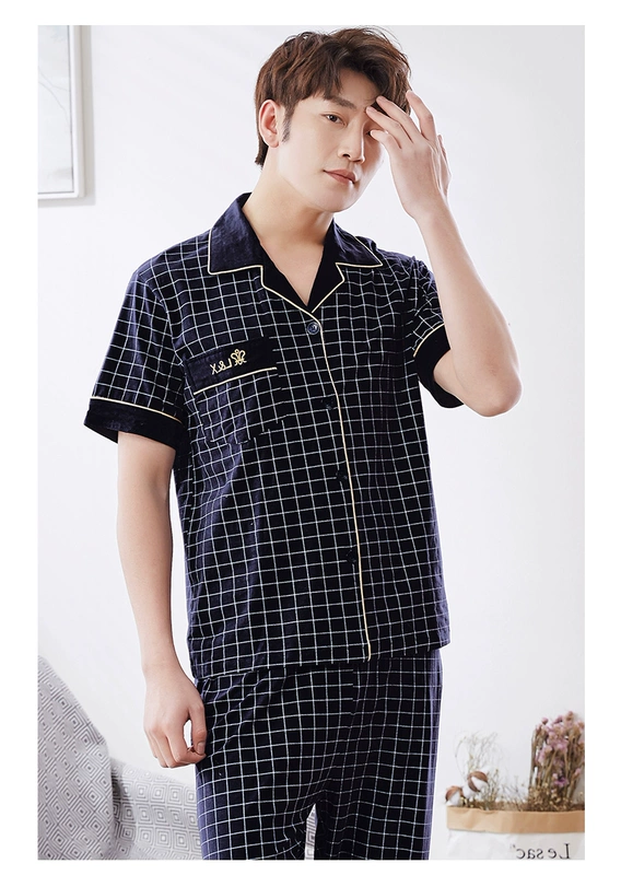 Kang Yi mùa hè mới cotton pyjama của nam giới mùa hè quần ngắn tay cotton rộng lưới lỏng mỏng phù hợp với dịch vụ tại nhà - Bên ngoài ăn mặc