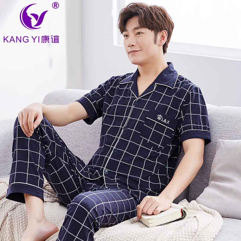 Kang Yi mùa hè cotton cardigan nam pyjama phần mỏng có thể được mặc bên ngoài phần mỏng kẻ sọc dịch vụ tại nhà bộ đồ nam - Bên ngoài ăn mặc