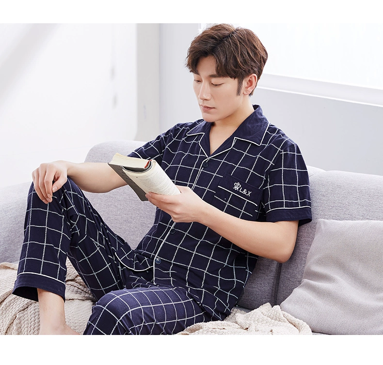 Kang Yi mùa hè cotton cardigan nam pyjama phần mỏng có thể được mặc bên ngoài phần mỏng kẻ sọc dịch vụ tại nhà bộ đồ nam - Bên ngoài ăn mặc