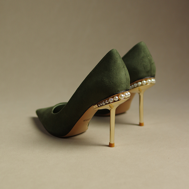 Green Suede High-Heeled Shoes for Women, Stiletto Heels, Elegant Ladylike Style, 2023 New Autumn Model, Pearl Heel, Fashionable Pointed Toe Single Shoes