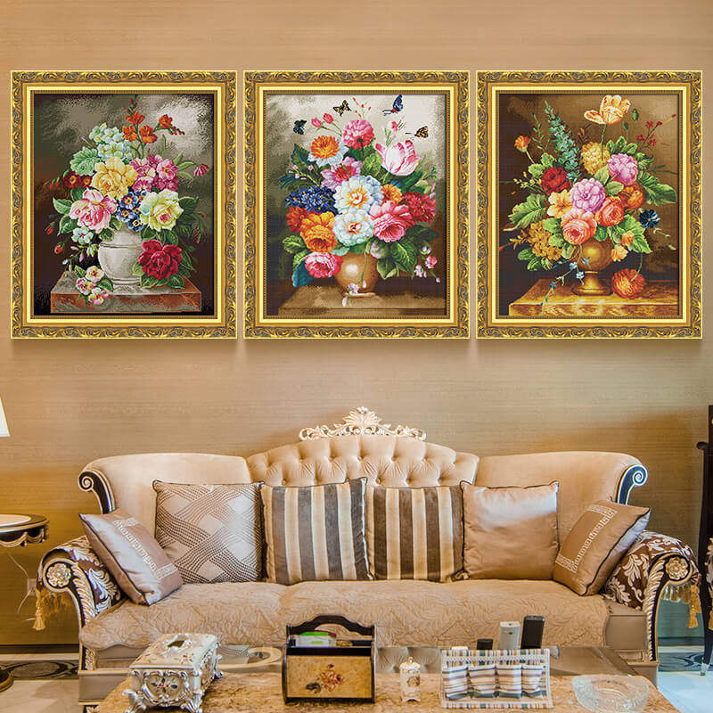 KS peony bright triple plant flower European style living room sofa background full embroidered cross stitch