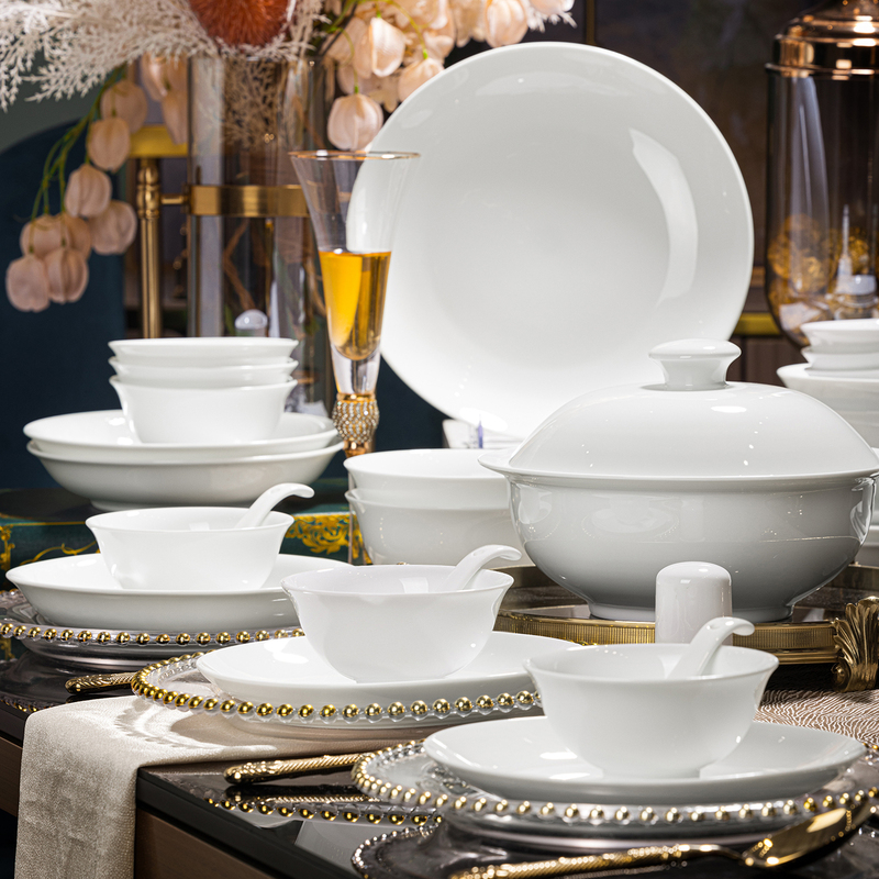 Jingdezhen First-Grade High-White Porcelain Pure White Ceramic High-Value High-Temperature Underglaze Color Tableware Set for Housewarming