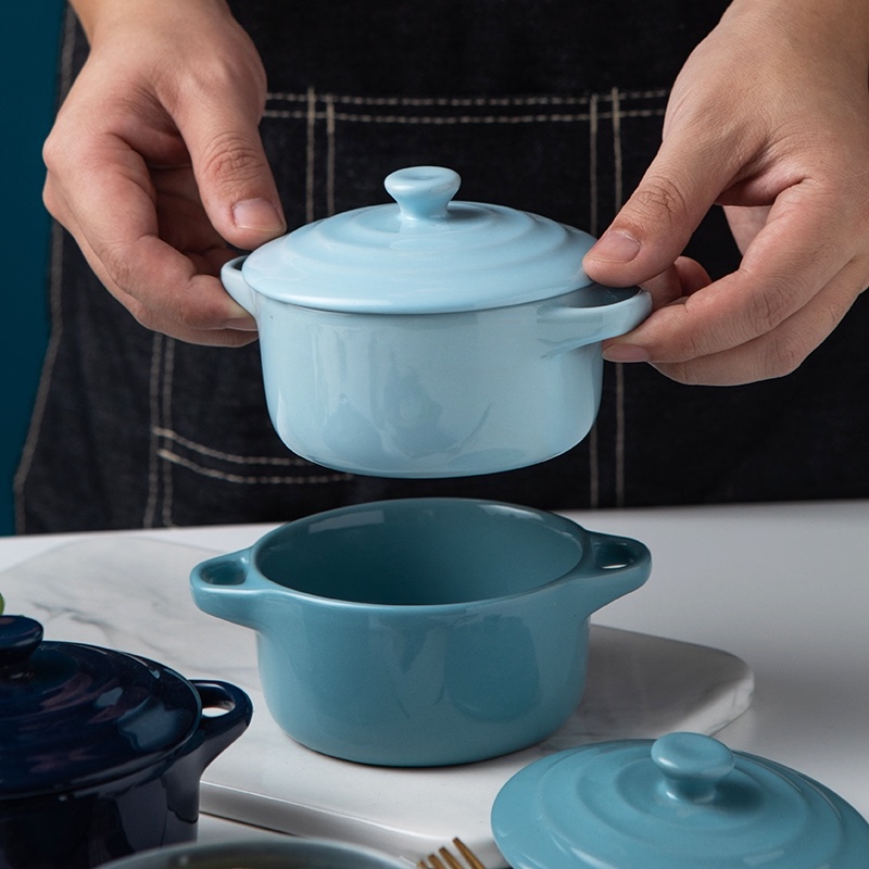 Nordic ears for jobs creative ceramic bowl with cover soup bowl oven steamed egg cup household utensils dishes suit