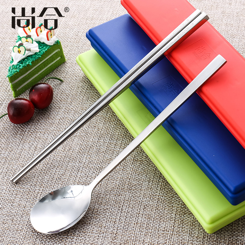 Champ 304 Stainless Steel Portable Cutlery Student Flat Chopsticks Spoon Suit Han Style Travel Portable Suit Box