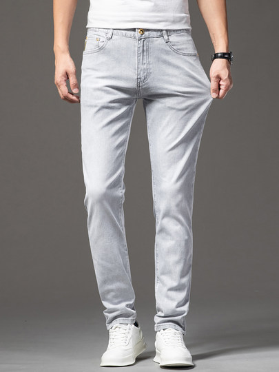 Lyocell Ice Silk Summer Thin High-End European Style Men's Slim Fit Skinny Jeans Light Gray Cropped Pants