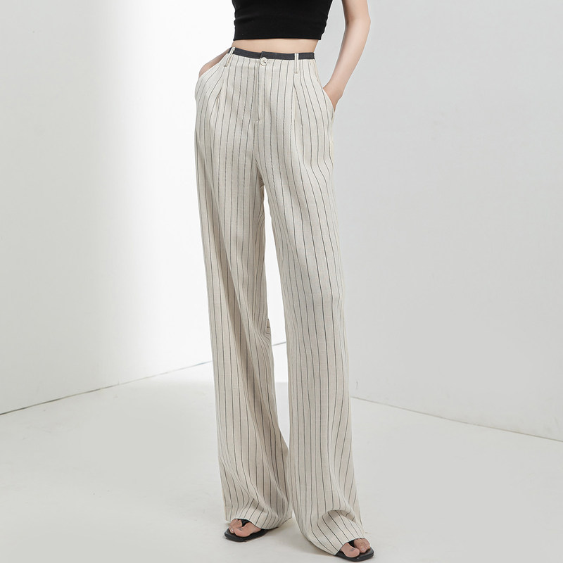 Miss Zhuo's Tencel Linen Wide-Leg Pants for Women, Summer Thin Loose Straight Casual Long Pants, High-Waisted Drapey Striped Trousers Miss Zhuo's Tencel Linen Wide-Leg Pants for Women, Summer Thin Loose Straight Casual Long Pants, High-Waisted Drapey Striped Trousers