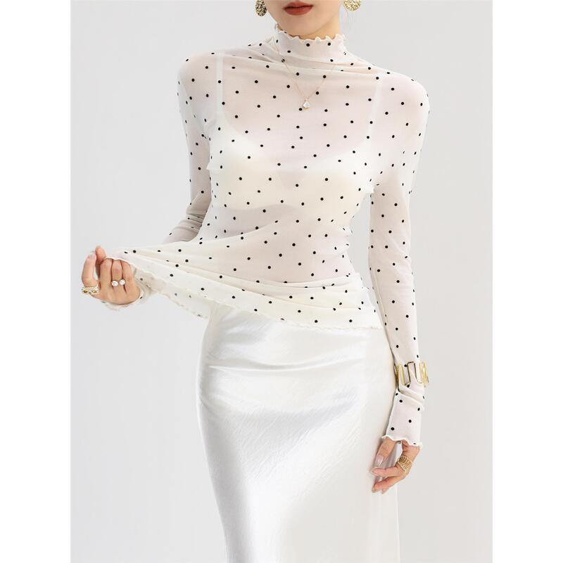 Miss Zhuo's High-Neck Polka-Dot Mesh Lace Base Shirt for Women, Suitable for Spring and Summer, Unique and Beautiful Sheer Top with a High-End Feel