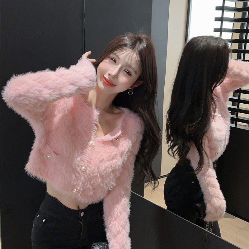 Fluffy Little Chanel-Style Short Sweater Knitted Cardigan for Women in Spring and Autumn, Petite Soft Pink Mink Velvet Jacket