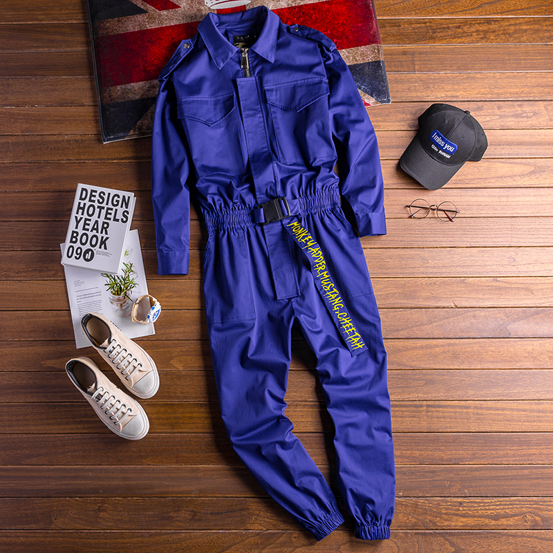 National Trend Blue Dance Performance Jumpsuit Set for Men and Women, Couple Multi-Pocket Workwear Jogger Pants, Men's Jumpsuit