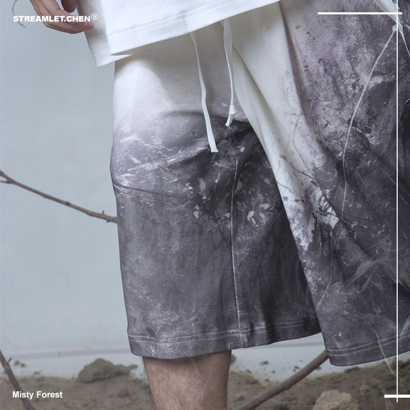 Streamlet CHEN: Hand painted straight spray gradient printing with loose five pants