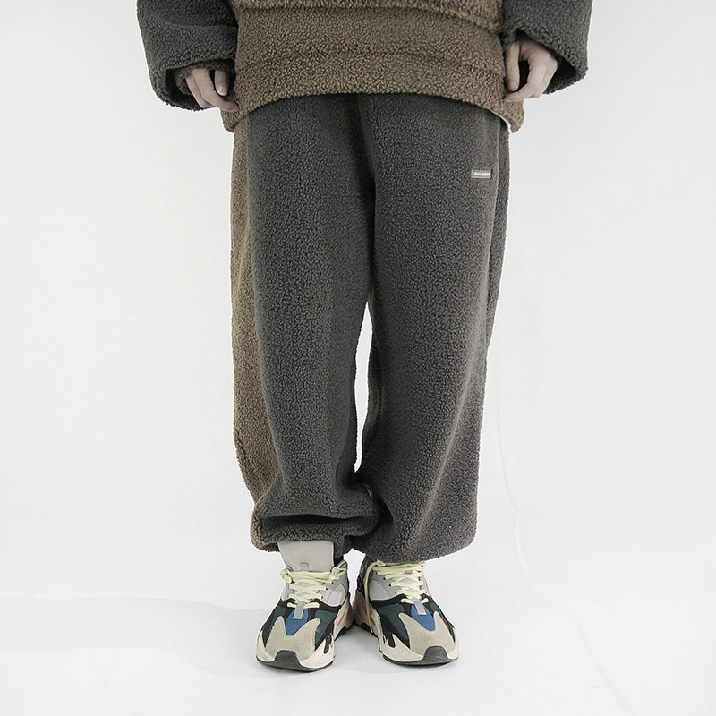 STREAMLET CHEN: OVERSIEZ PANTS PATCHWORK LAMBSKIN THICKENED WARM LOOSE-FITTING SWEATPANTS