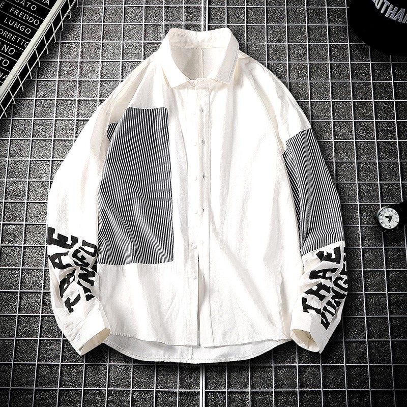 Fall New Collision Color Striped Casual Men's Collared Color Collar Shirt Korean Version Trend Inch