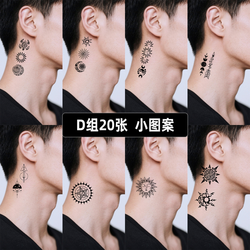 Black Small Pattern Tattoo Stickers for Men and Women, Waterproof, High-End, Personalized Totems for Neck and Behind the Ears, Retro Niche Ins Style