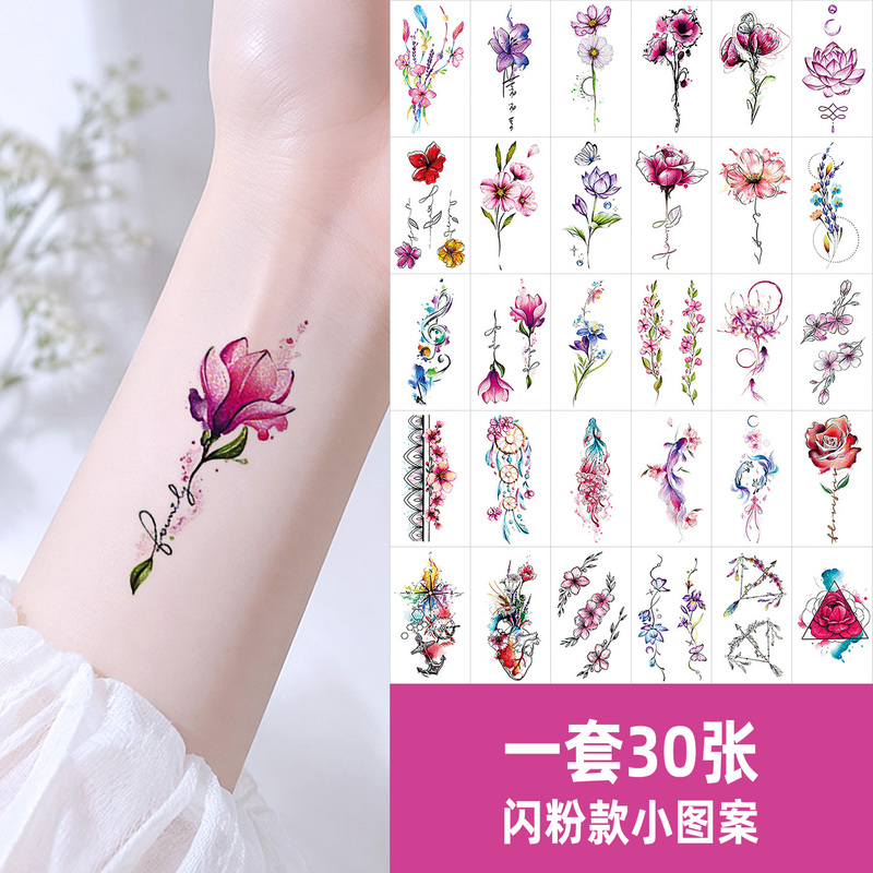 [Glitter Version] Colorful Fresh Flower Tattoo Stickers for Women, Waterproof New Temporary Artistic Wrist Tattoos, Ins Style