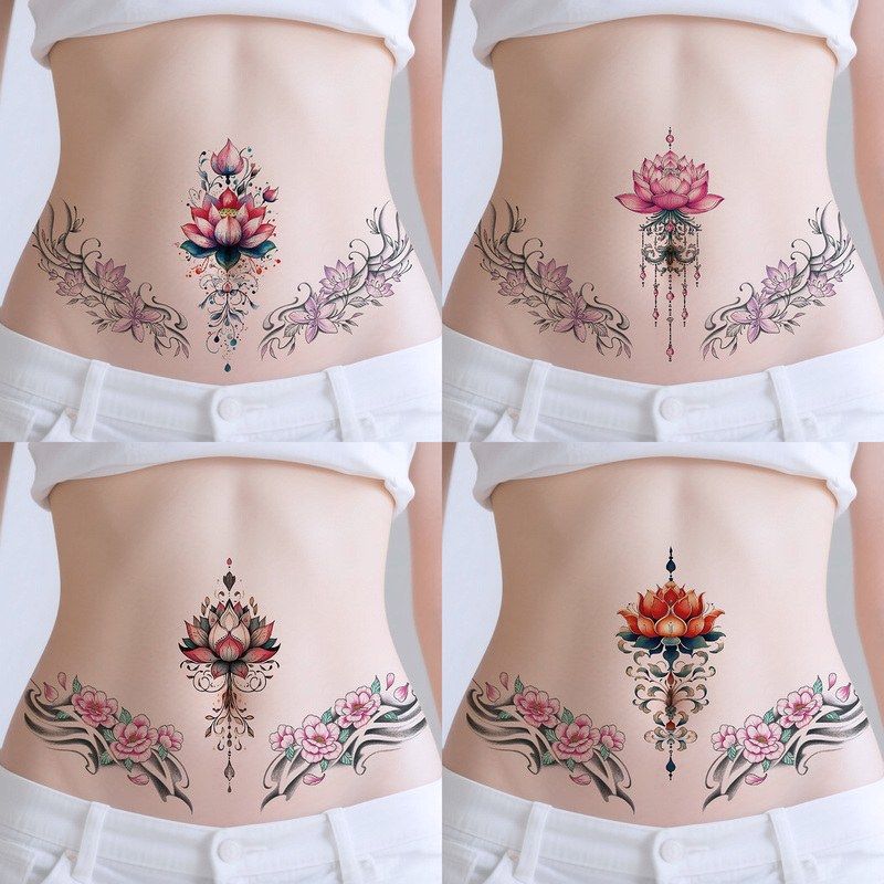 New Style Chinese Retro Lotus Flower Colorful Tattoo Stickers for Women, Waterproof, for Waist and Lower Abdomen, Sexy and High Aesthetic Value