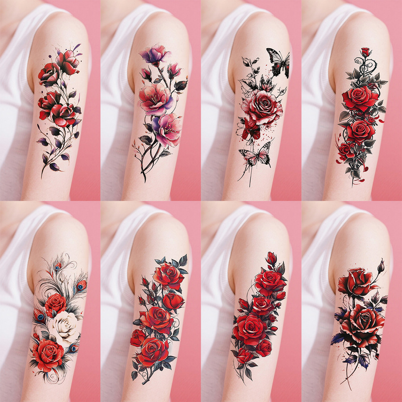 Beautiful Red Rose Tattoo Stickers for Women, Waterproof, High-End, Colorful Flowers, Forest Style, Fairy-Like, Delicate, Sweet and Cool Style