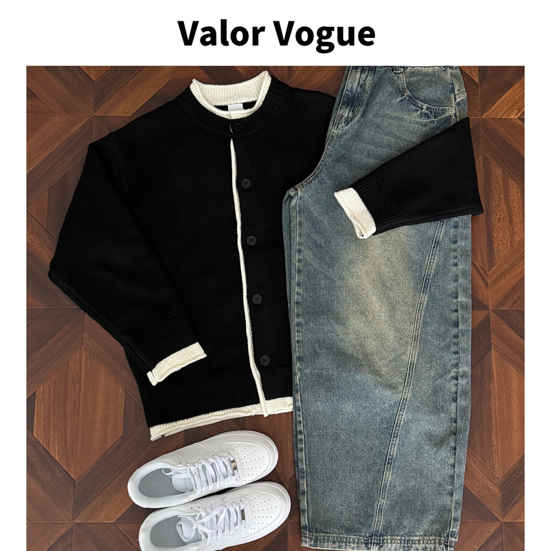 Valor Vogue 2026 Spring New American Style Lazy Two-In-One Design Black Sweater Cardigan for Men Valor Vogue 2026 Spring New American Style Lazy Two-In-One Design Black Sweater Cardigan for Men