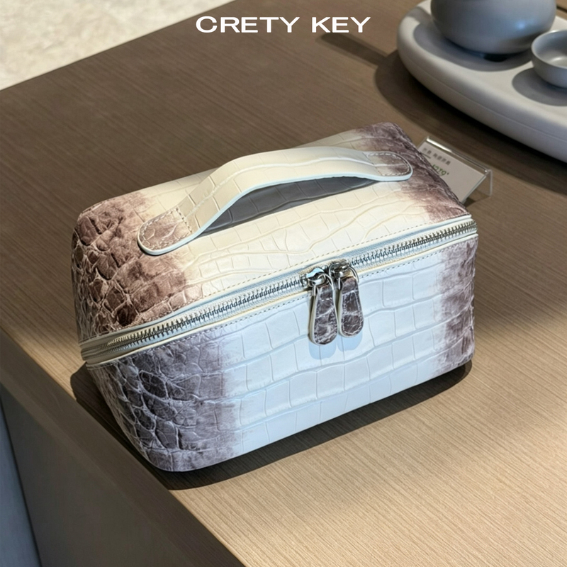 New Genuine Leather Cosmetic Bag, First-Layer Cowhide Crocodile Pattern Handbag, Women's Travel Portable Hand-Held Storage Bag, Toiletry Bag