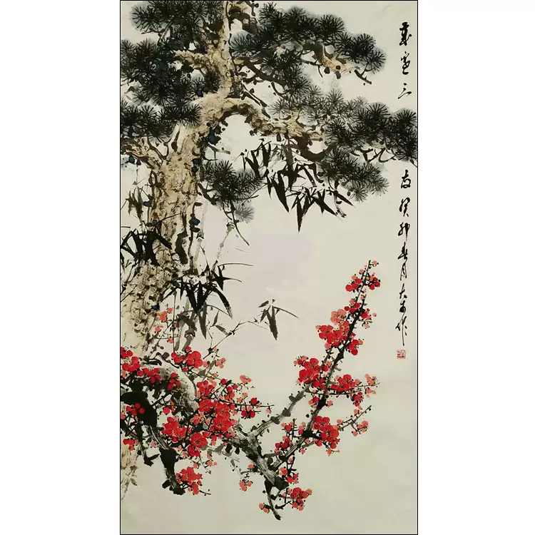 国画写意花鸟水墨真迹松竹梅图四尺竖幅画芯68cm*138cm