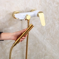 Vinjie Nordic Cylinder Side Style full copper white gold hot and cold bathtub tap into wall Handheld shower head suit