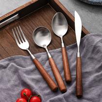 304不锈钢木柄勺子叉子儿童吃饭勺家用高颜值宝宝汤勺餐勺