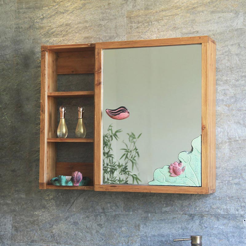 New Chinese Solid Wood Toilet Bathroom Mirror Cabinet Hanging Wall Style With Shelve Mirror Cabinet Bathroom Mirror Case Art Hanging Cabinet