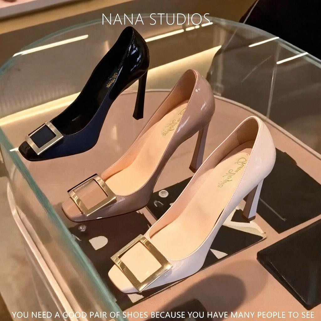 [Nana's Women's Shoes] Banana Heel Square Buckle Super High Heels Women's Stiletto Heels Patent Leather Square Toe Comfortable Black Single Shoes