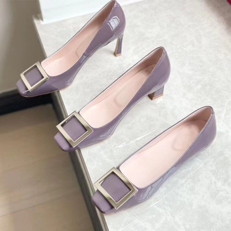 2025 Autumn New Square Buckle French High Heels for Women, Iris Purple Square Toe Mid-Heel Shallow Patent Leather Commuting Shoes