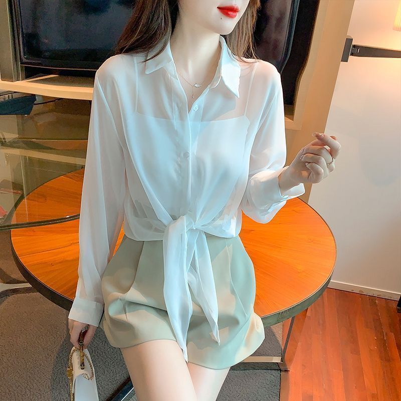 Chiffon Long-Sleeve Short Lace-Up 2025 Spring New Versatile Loose Thin Solid Color Slimming Sun-Protective Shirt for Women Outerwear Chiffon Long-Sleeve Short Lace-Up 2025 Spring New Versatile Loose Thin Solid Color Slimming Sun-Protective Shirt for Women Outerwear