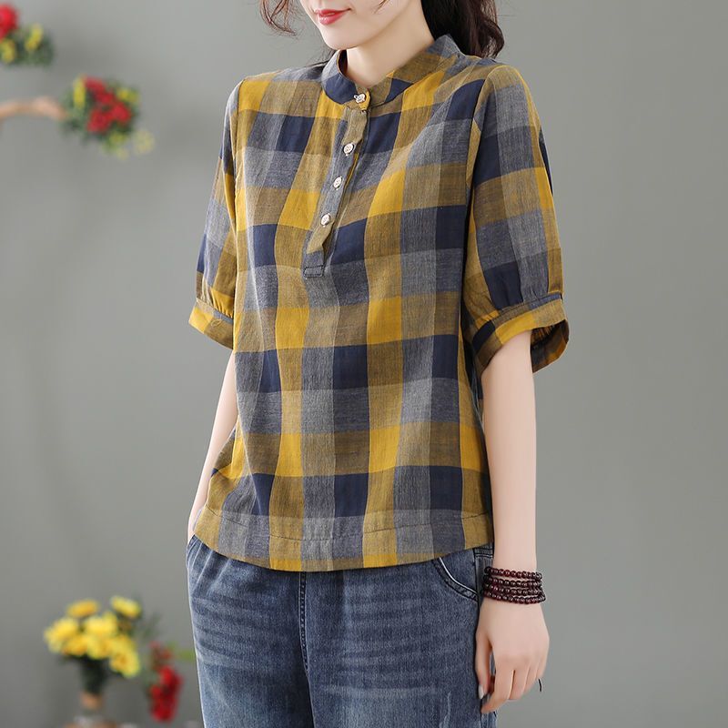 Summer New Retro Ethnic Style Top, Large Size, Versatile, Loose, Casual Plaid Pullover Round Neck Shirt for Women