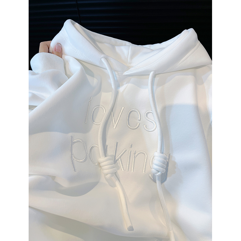 American Retro Oversize Embroidered Letter White Hooded Sweatshirt for Women 2026 New Style Lazy Style Fleece-Lined Jacket