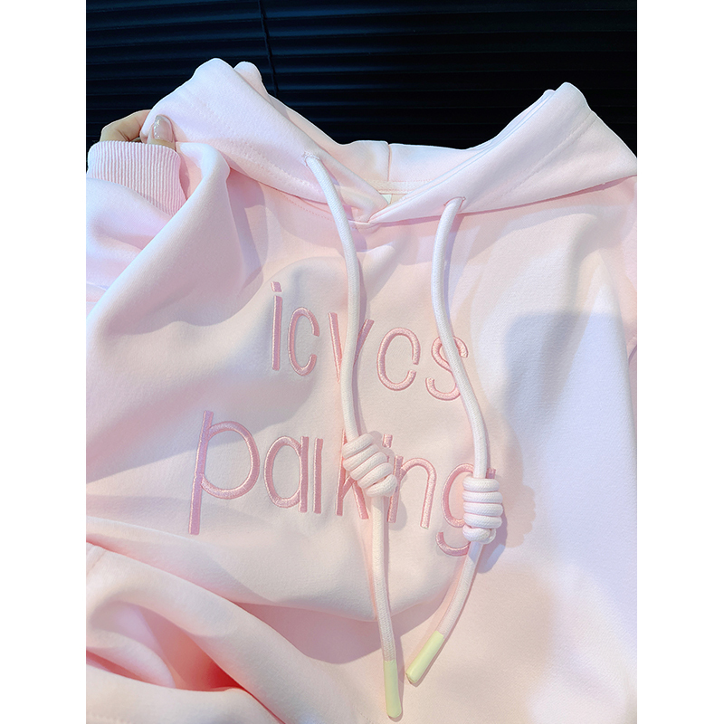This Year's Trendy Letter-Embroidered Pink Age-Reducing Hooded Sweatshirt for Women 2026 Autumn and Winter New Style Mid-Length Top Trendy