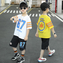 Pure cotton basketball clothes boys summer short-sleeved suit 2021 new childrens clothing Western style childrens summer sports two-piece set