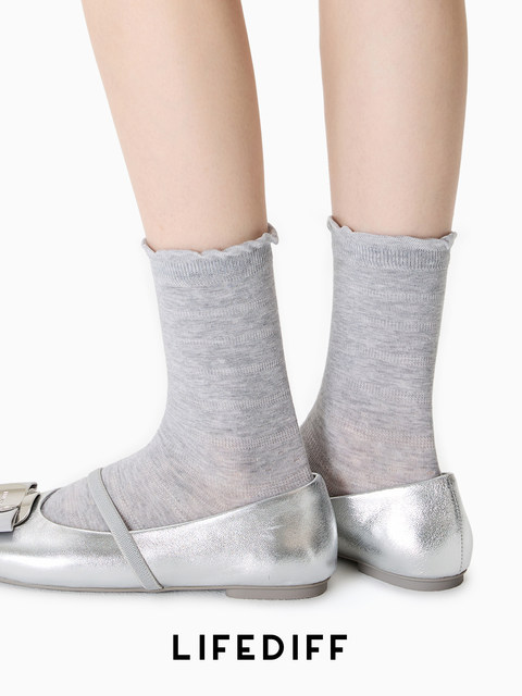 Lace bubble tube socks boneless summer solid color pile socks thin socks women's gray spring and summer stockings