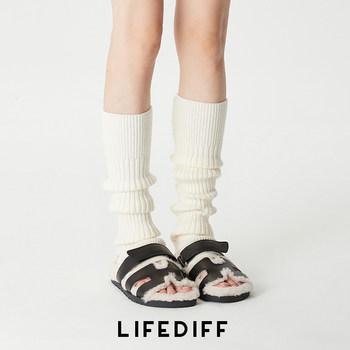 Knitted Leg Warmers for Women, Autumn and Winter, Thickened, Heat-Retaining, Foot-Covering, Stacked Sock Covers, Mid-Calf, Vertical Stripes, Slimming, White