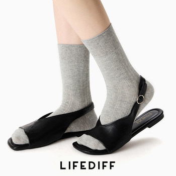 Gray Mid-Calf Slouch Socks, Long Cotton Socks with Vertical Stripes, Slightly Rolled Edges, Thin Style, Sweat-Absorbent, Breathable, Spring and Summer Socks for Women