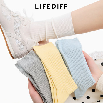 Double-Needle Vertical Stripe Spring and Summer Socks for Women, White Thin Breathable Mid-Calf Socks, Slouch Socks, Seamless Cotton Long Socks