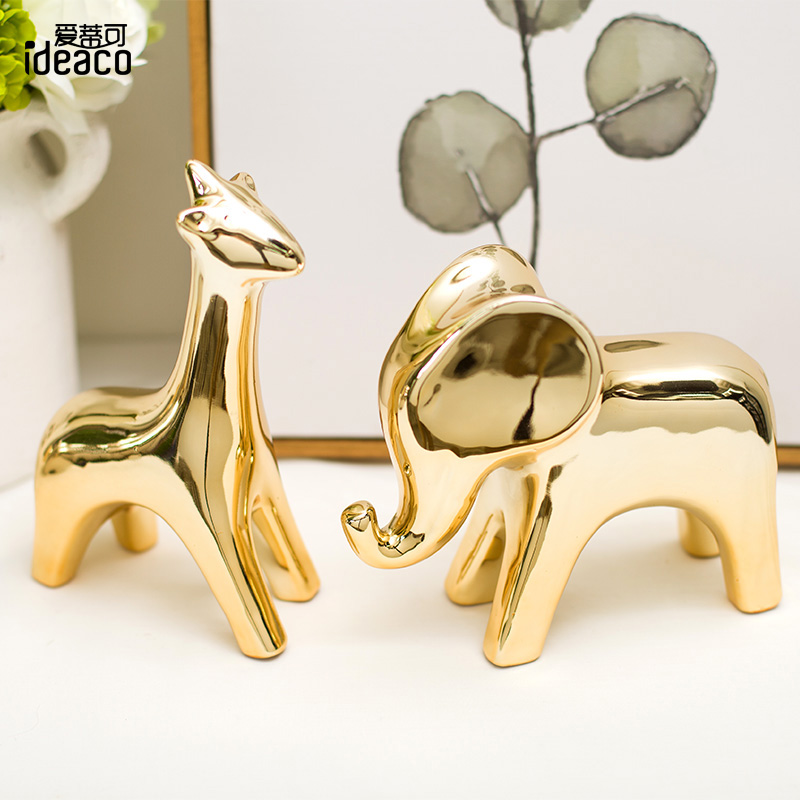 Nordic ins gold cute animal ceramic small ornaments creative giraffe elephant horse desktop decoration decorations