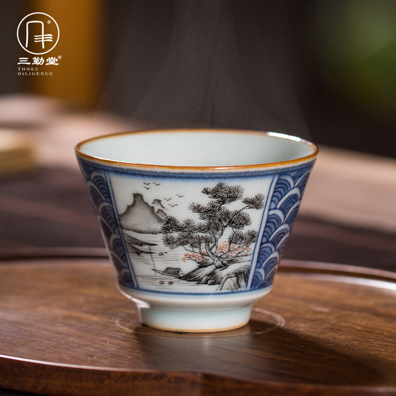 Sanqitang tea set Jingdezhen ceramic Chinese window hand-painted tea cup Master Cup men's and women's Tea Cup kung fu tea set