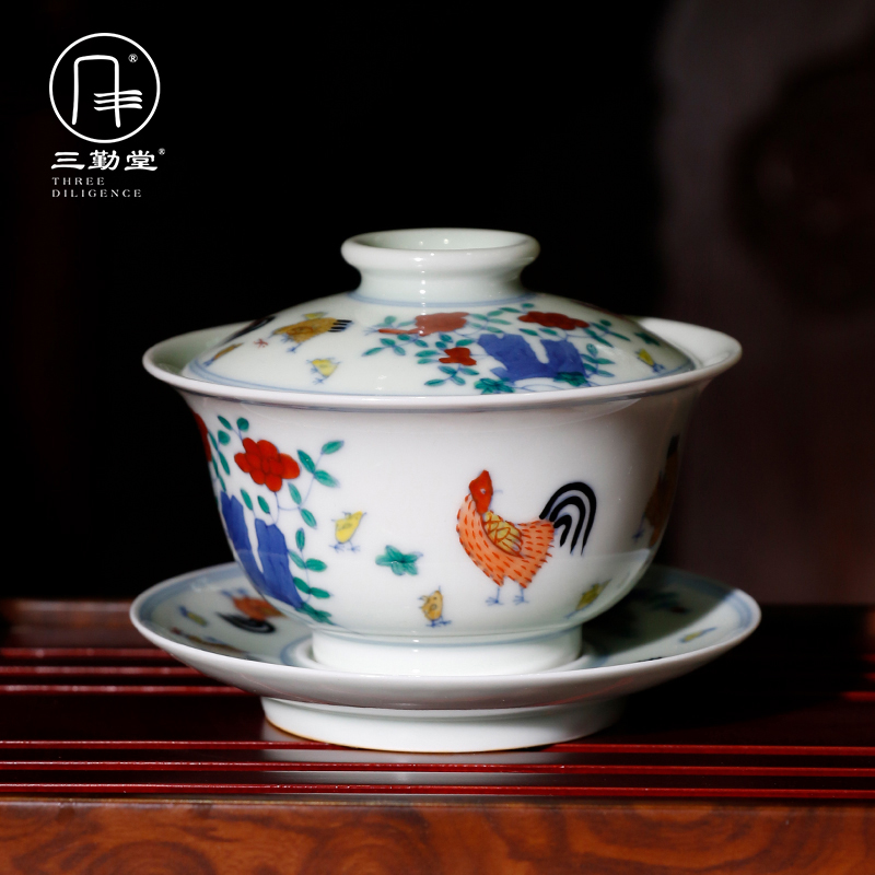 The three frequently tureen tea cups of jingdezhen ceramic tea set manual color bucket cylinder only three cup chicken worship to use S12038