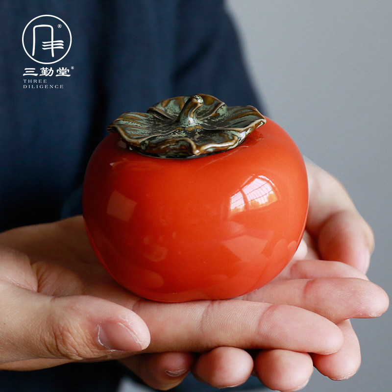 Three-diligence persimmon small tea leaf jar small number portable ceramic sealing woke tea jar tea cabin good looking net red pendulum piece