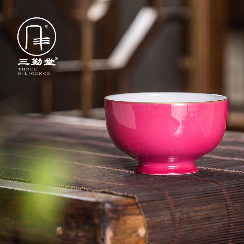 Three frequently hall jade mud carmine master cup single cup of jingdezhen ceramic cups kung fu tea set