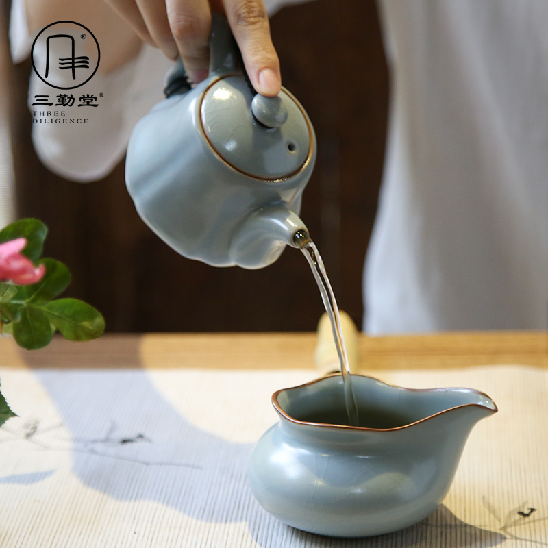 Sanqitang Ru kiln teapot Jingdezhen ceramic kung fu tea set tea maker household filter pumpkin pot S24012