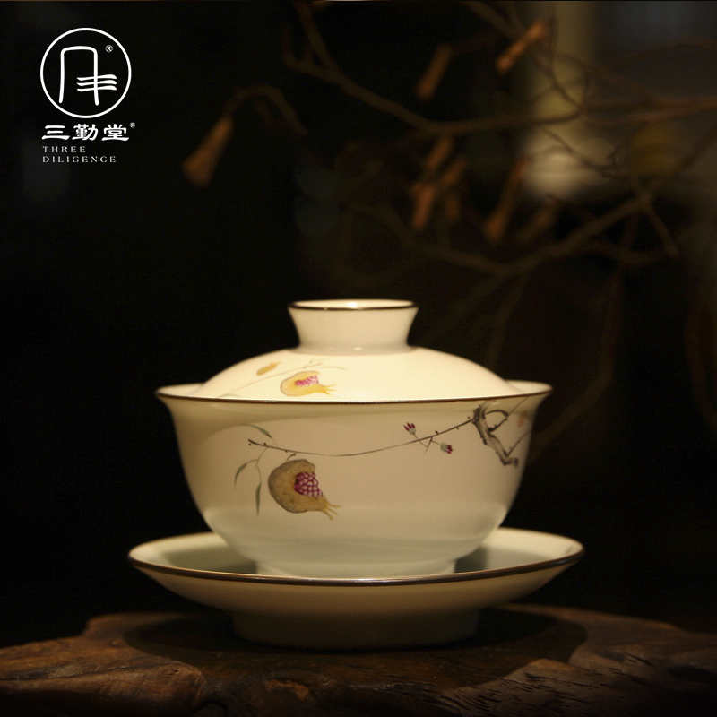Three frequently hall tureen jingdezhen kung fu tea tea cups hand - made pastel Three cup large bowl suit