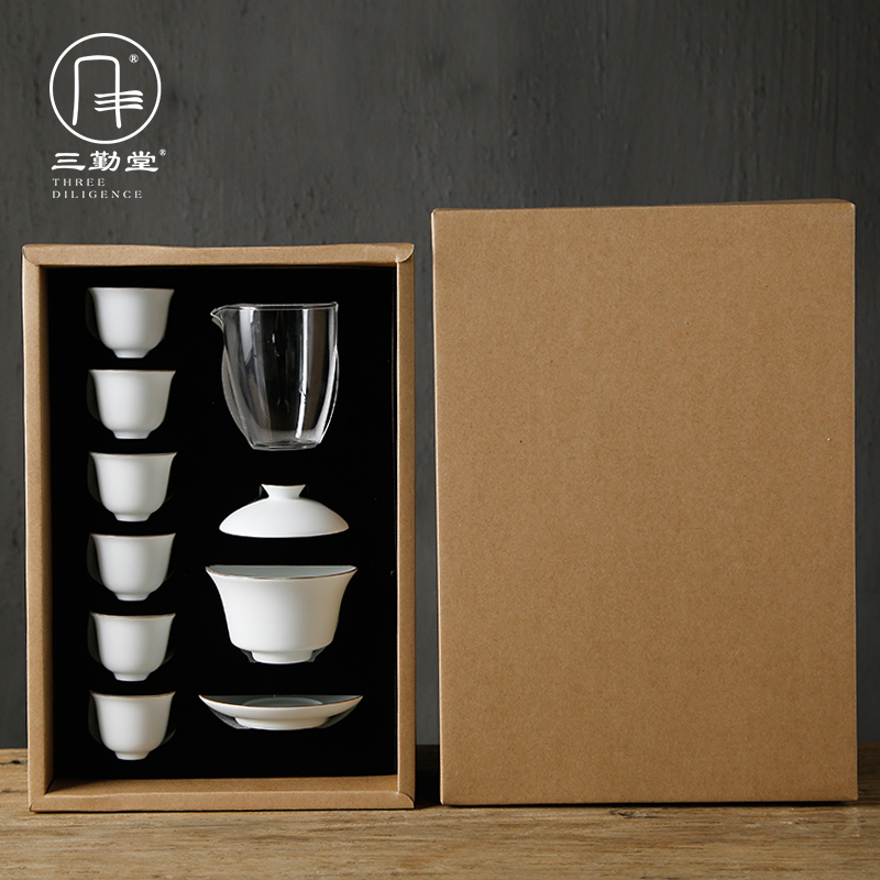 Three frequently hall was suit jingdezhen ceramic kung fu tea set white porcelain of a complete set of fat white TZS033 tureen small cup