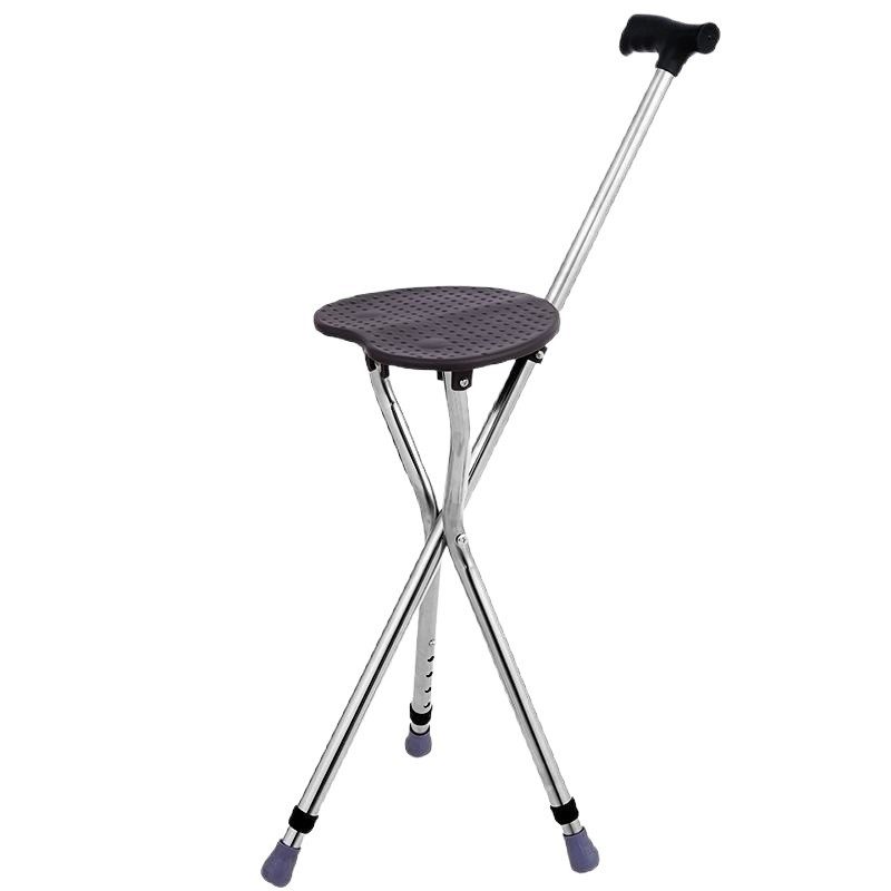 Multifunctional Elderly Crutch Stool, Curved Handle Crutch Stool, Triangular Crutch Stool with Seat Board, Foldable, Portable and Lightweight